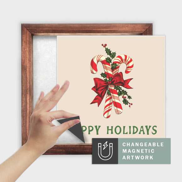 Magnetic Seasonal Art Insert for Interchangeable Decor Sign (Medium Insert Only): Happy Holidays Candy Cane | Christmas / Winter