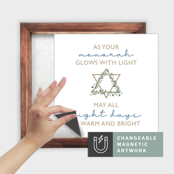 Magnetic Seasonal Art Insert for Interchangeable Decor Sign (Medium Insert Only): As Your Menorah Glows with Light | Hanukkah / Winter |