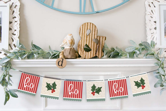 Magnetic Banner Insert: Ho Ho Ho Stripes and Holly with Scalloped Edge (Winter/Christmas) | Magnetic Banner INSERTS ONLY