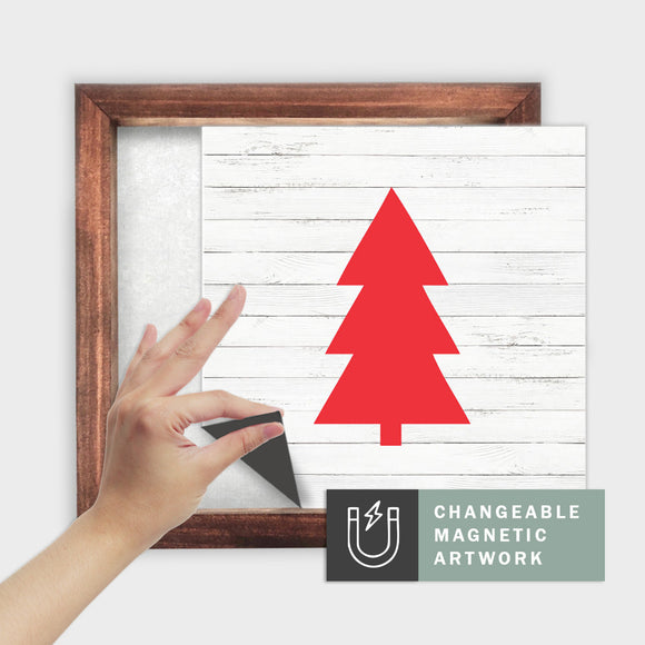 Magnetic Seasonal Art Insert for Interchangeable Decor Sign (Medium Insert Only): Red Christmas Tree on Faux Wood | Winter