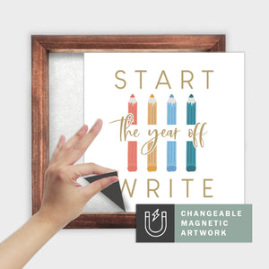 Magnetic Seasonal Art Insert for Interchangeable Decor Sign (Medium Insert Only): Start The Year Off Write | Fall / Back to School