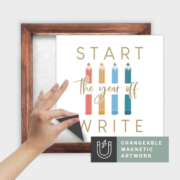 Magnetic Seasonal Art Insert for Interchangeable Decor Sign (Medium Insert Only): Start The Year Off Write | Fall / Back to School